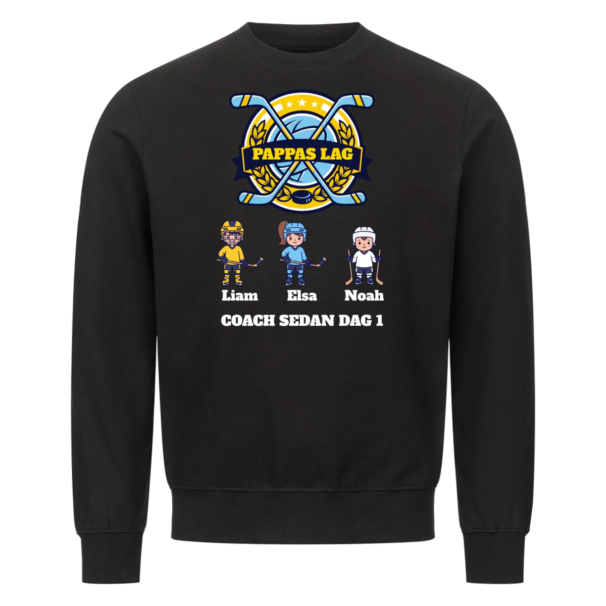 Pappas lag hockey t-shirt med barnens namn och figurer. Present till pappa, farfar och morfar