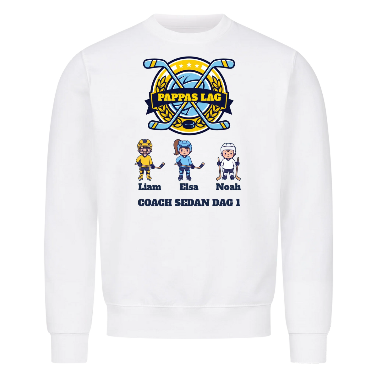 Pappas lag hockey t-shirt med barnens namn och figurer. Present till pappa, farfar och morfar