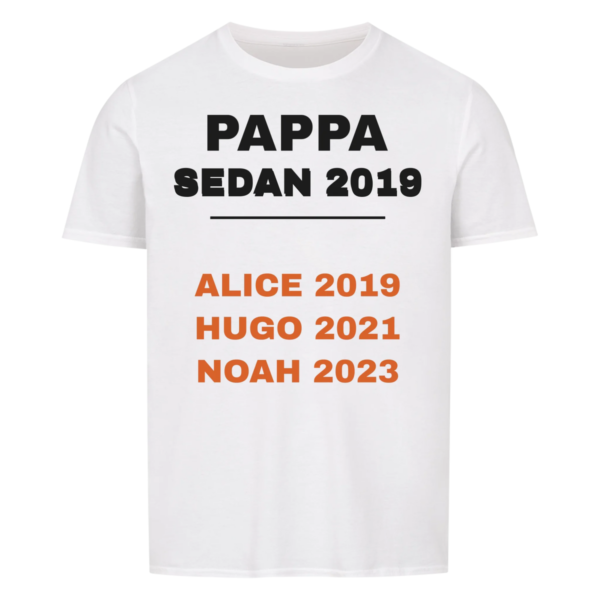 Pappa sedan t-shirt med årtal och barnens namn och födelseår. Personlig present till pappa