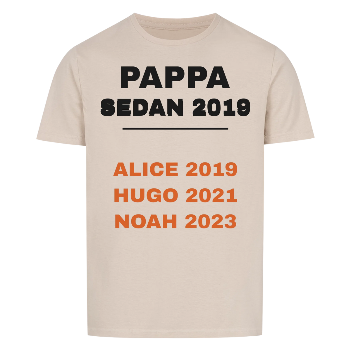 Pappa sedan t-shirt med årtal och barnens namn och födelseår. Personlig present till pappa