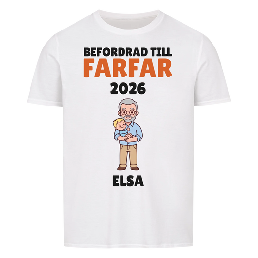 Befordrad till farfar t-shirt med årtal och barnbarnets namn. Personlig present
