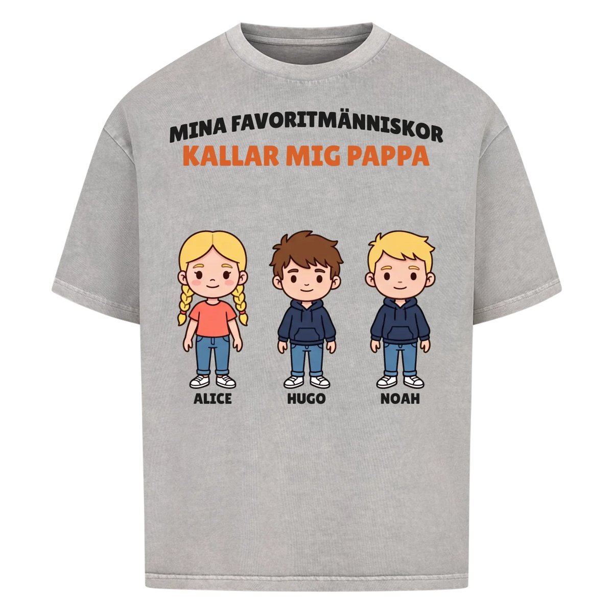 Mina favoritmänniskor kallar mig pappa t-shirt med barnens figurer och namn. Personlig present