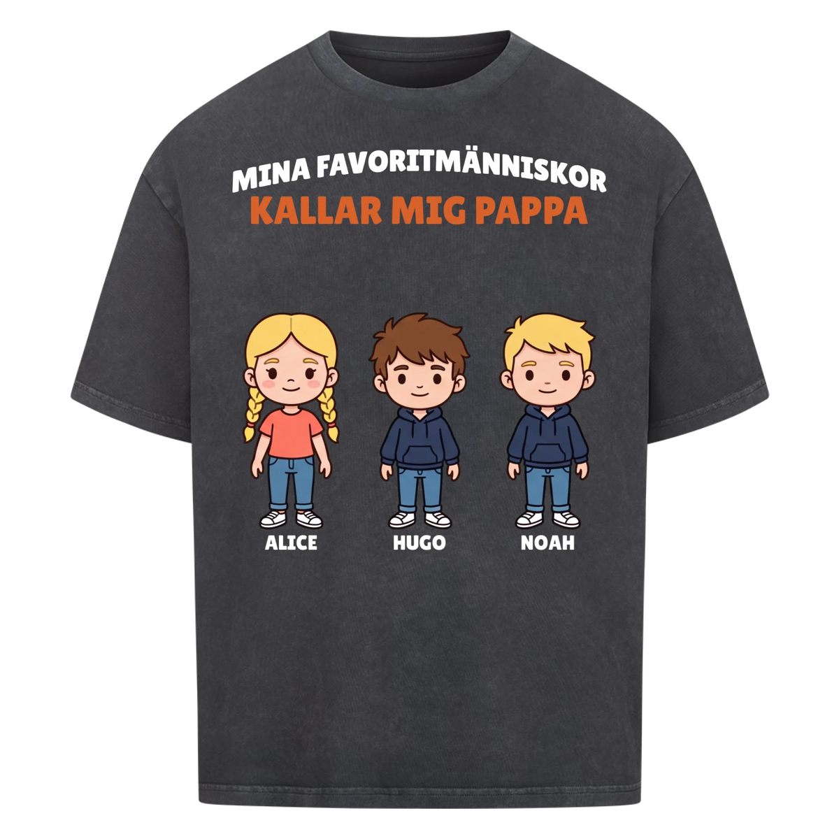 Mina favoritmänniskor kallar mig pappa t-shirt med barnens figurer och namn. Personlig present