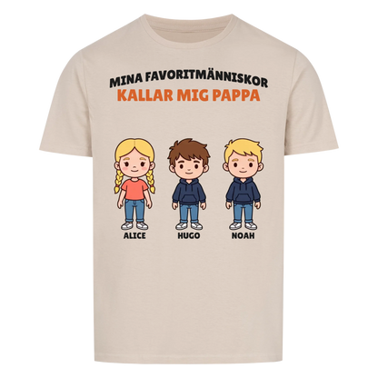 Mina favoritmänniskor kallar mig pappa t-shirt med barnens figurer och namn. Personlig present