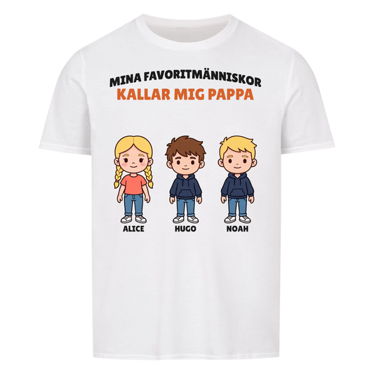 Mina favoritmänniskor kallar mig pappa t-shirt med barnens figurer och namn. Personlig present