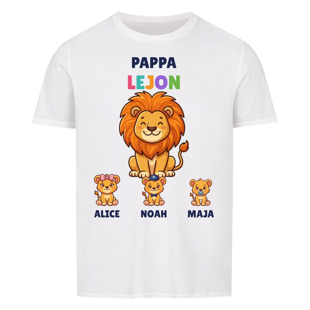 Pappa Lejon t-shirt med lejonpappa, barnens namn och små lejonungar. Personlig present till pappa