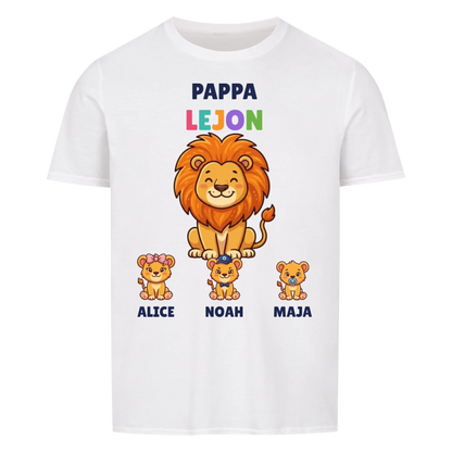 Pappa Lejon t-shirt med lejonpappa, barnens namn och små lejonungar. Personlig present till pappa