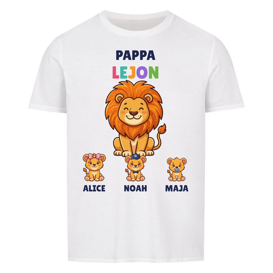 Pappa Lejon t-shirt med lejonpappa, barnens namn och små lejonungar. Personlig present till pappa