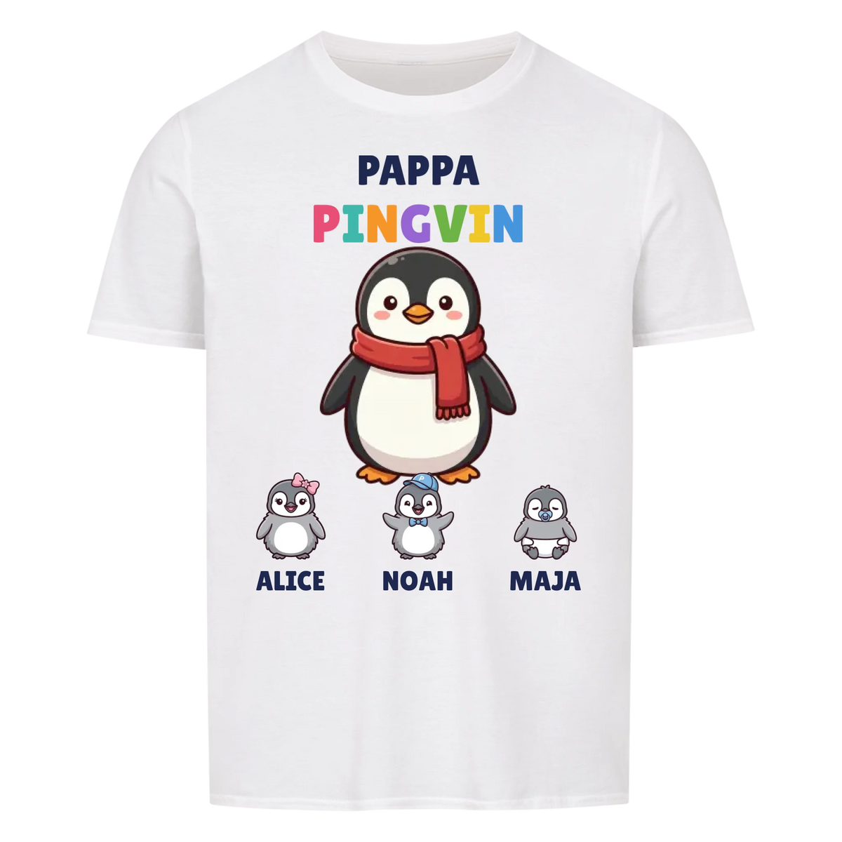 Pappa Pingvin t-shirt med pingvinpappa, barnens namn och små pingvinungar. Personlig present till pappa