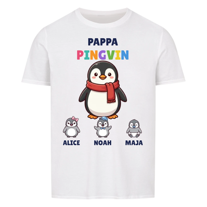 Pappa Pingvin t-shirt med pingvinpappa, barnens namn och små pingvinungar. Personlig present till pappa