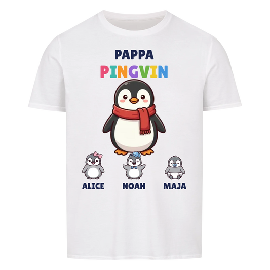 Pappa Pingvin t-shirt med pingvinpappa, barnens namn och små pingvinungar. Personlig present till pappa