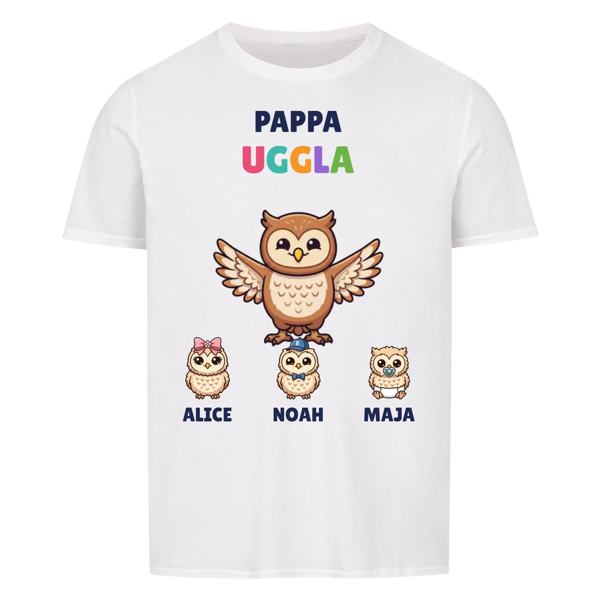 Pappa Uggla t-shirt med ugglepappa, barnens namn och små ugglor. Personlig present till pappa