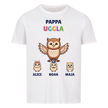 Pappa Uggla t-shirt med ugglepappa, barnens namn och små ugglor. Personlig present till pappa