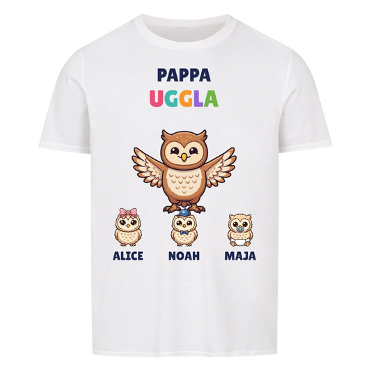Pappa Uggla t-shirt med ugglepappa, barnens namn och små ugglor. Personlig present till pappa