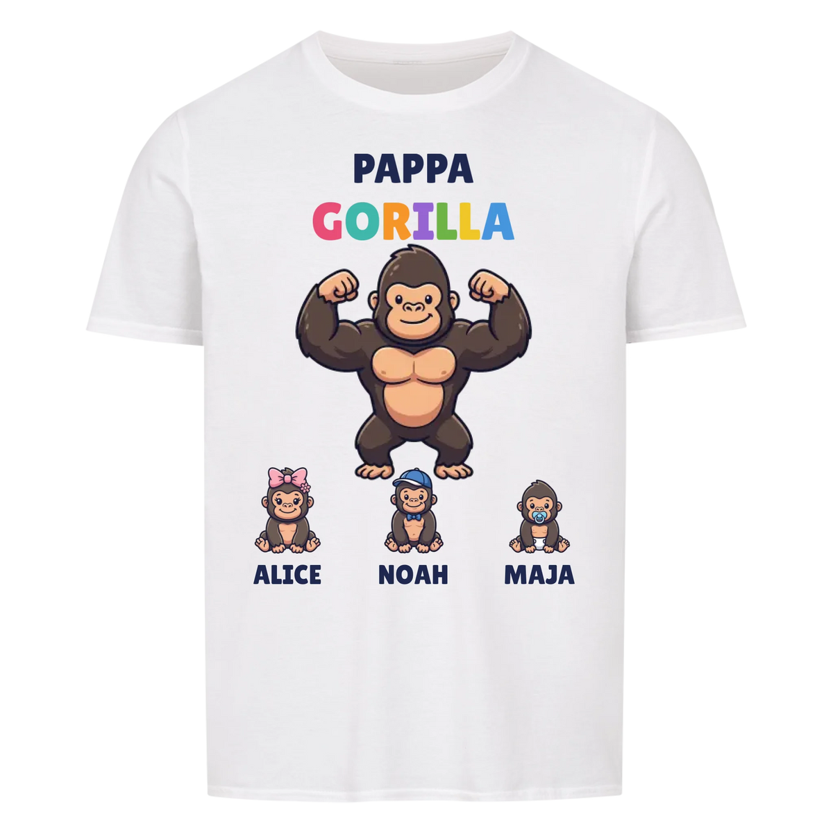 Pappa Gorilla t-shirt med gorillapappa, barnens namn och små gorillor. Personlig present till pappa