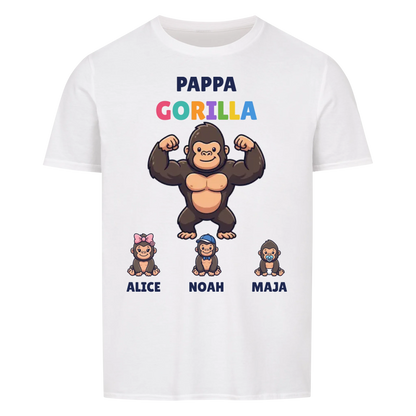 Pappa Gorilla t-shirt med gorillapappa, barnens namn och små gorillor. Personlig present till pappa