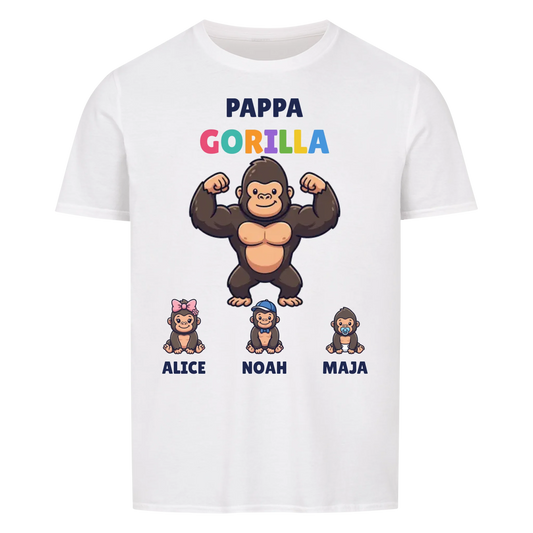 Pappa Gorilla t-shirt med gorillapappa, barnens namn och små gorillor. Personlig present till pappa