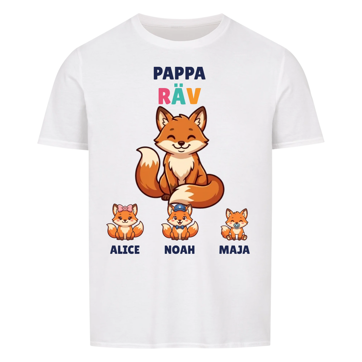 Pappa Räv t-shirt med rävpappa, barnens namn och små rävungar. Personlig present till pappa
