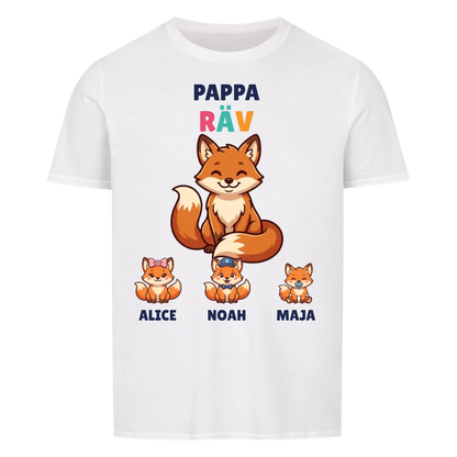 Pappa Räv t-shirt med rävpappa, barnens namn och små rävungar. Personlig present till pappa