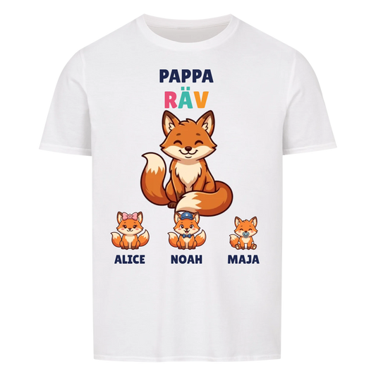 Pappa Räv t-shirt med rävpappa, barnens namn och små rävungar. Personlig present till pappa