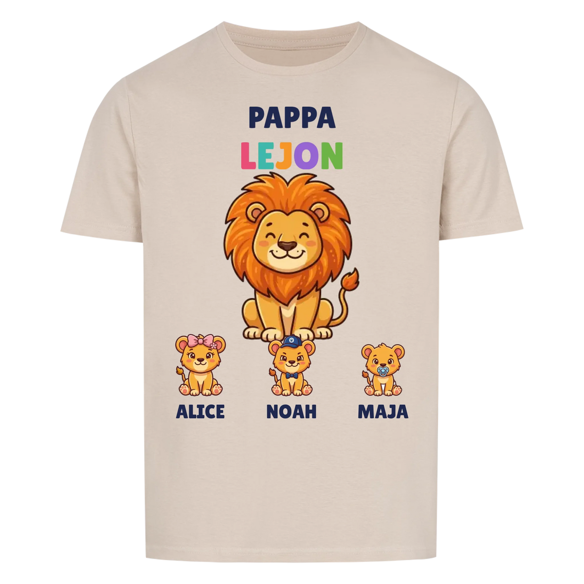 Pappa Lejon t-shirt med lejonpappa, barnens namn och små lejonungar. Personlig present till pappa