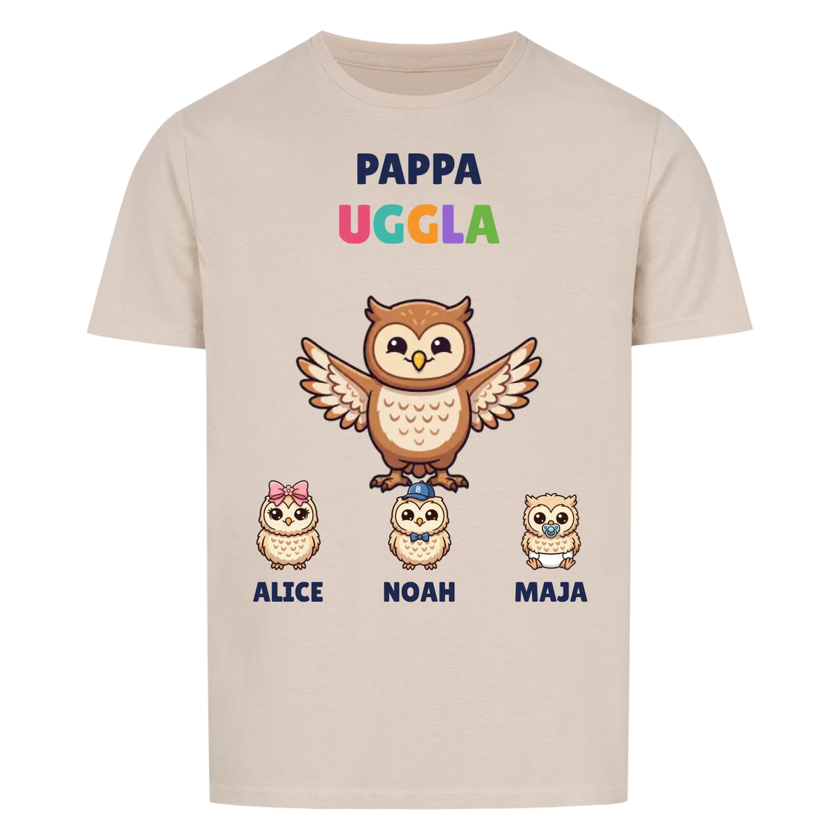 Pappa Uggla t-shirt med ugglepappa, barnens namn och små ugglor. Personlig present till pappa