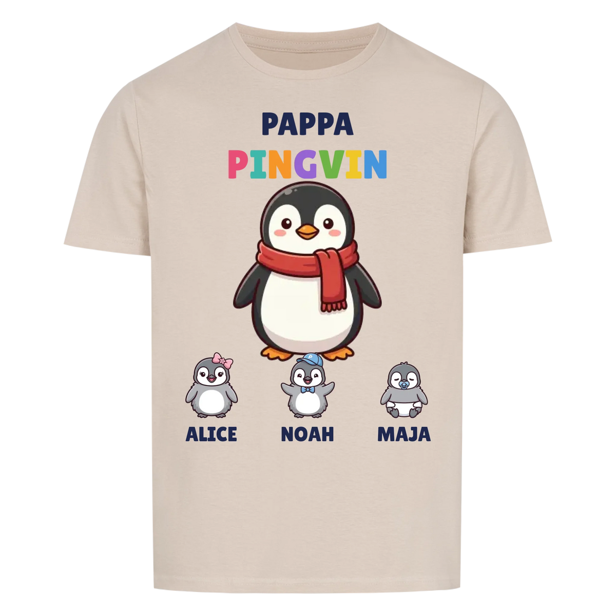 Pappa Pingvin t-shirt med pingvinpappa, barnens namn och små pingvinungar. Personlig present till pappa