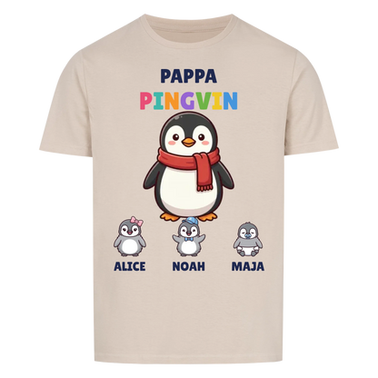 Pappa Pingvin t-shirt med pingvinpappa, barnens namn och små pingvinungar. Personlig present till pappa