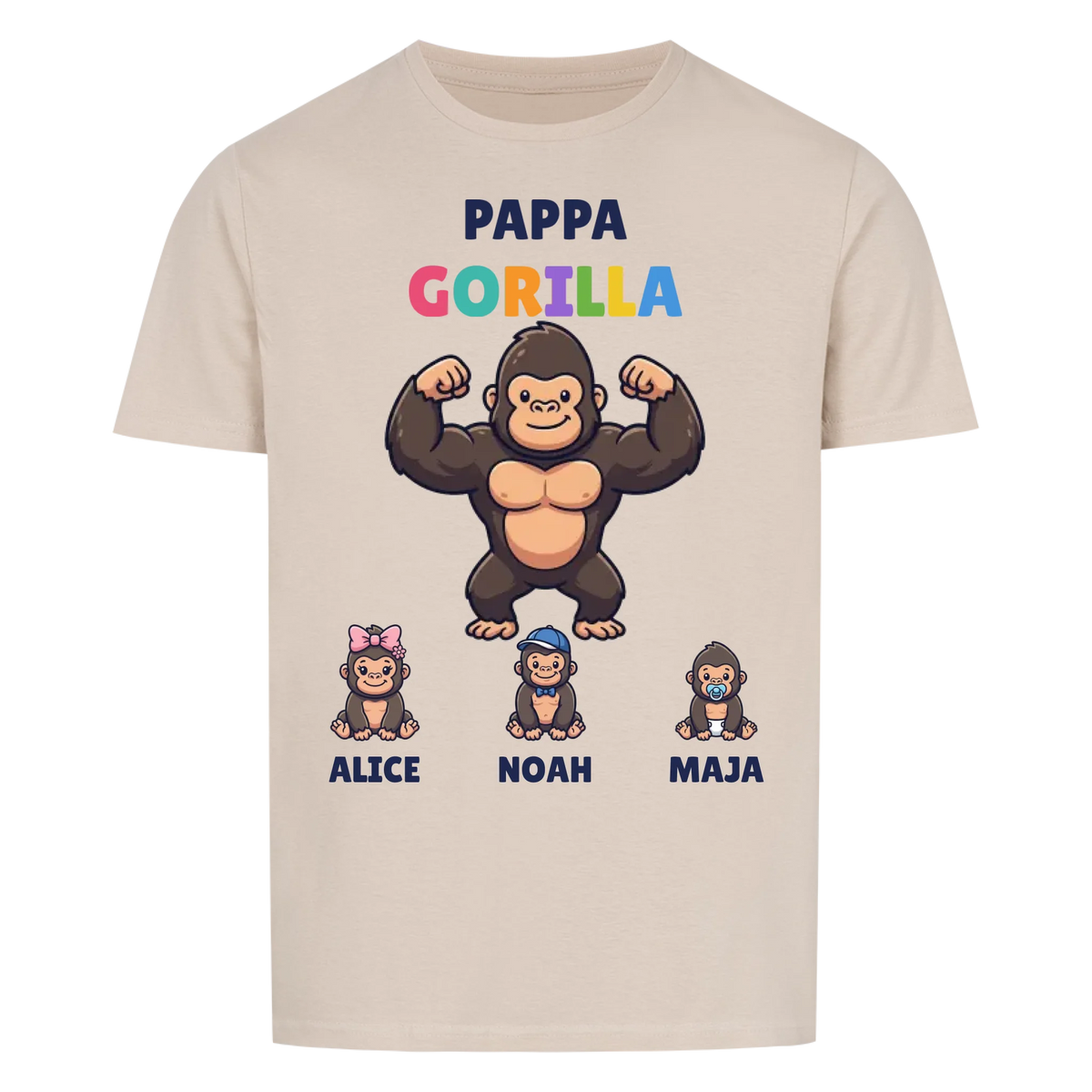 Pappa Gorilla t-shirt med gorillapappa, barnens namn och små gorillor. Personlig present till pappa