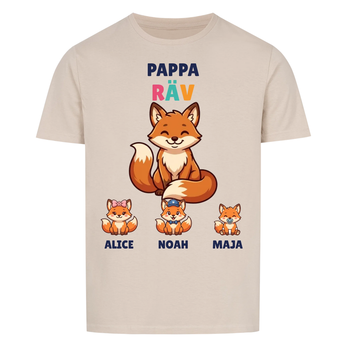 Pappa Räv t-shirt med rävpappa, barnens namn och små rävungar. Personlig present till pappa