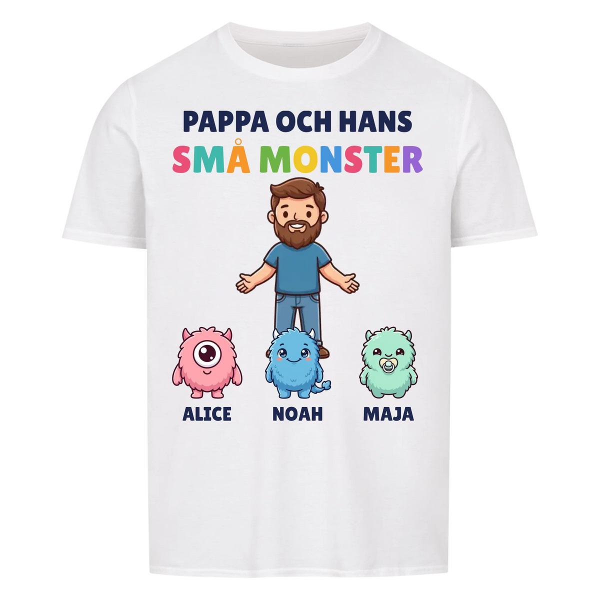 Pappa och hans små monster t-shirt med pappas figur, barnens monster och namn. Personlig present till pappa