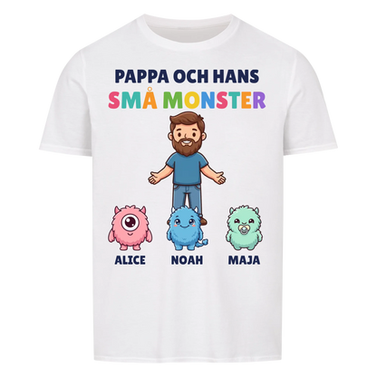 Pappa och hans små monster t-shirt med pappas figur, barnens monster och namn. Personlig present till pappa
