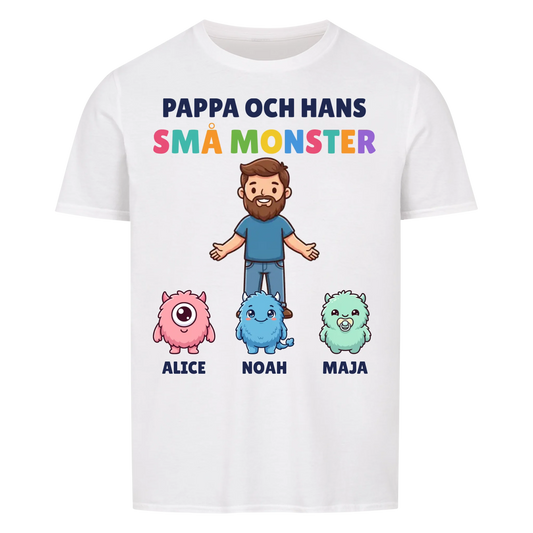 Pappa och hans små monster t-shirt med pappas figur, barnens monster och namn. Personlig present till pappa
