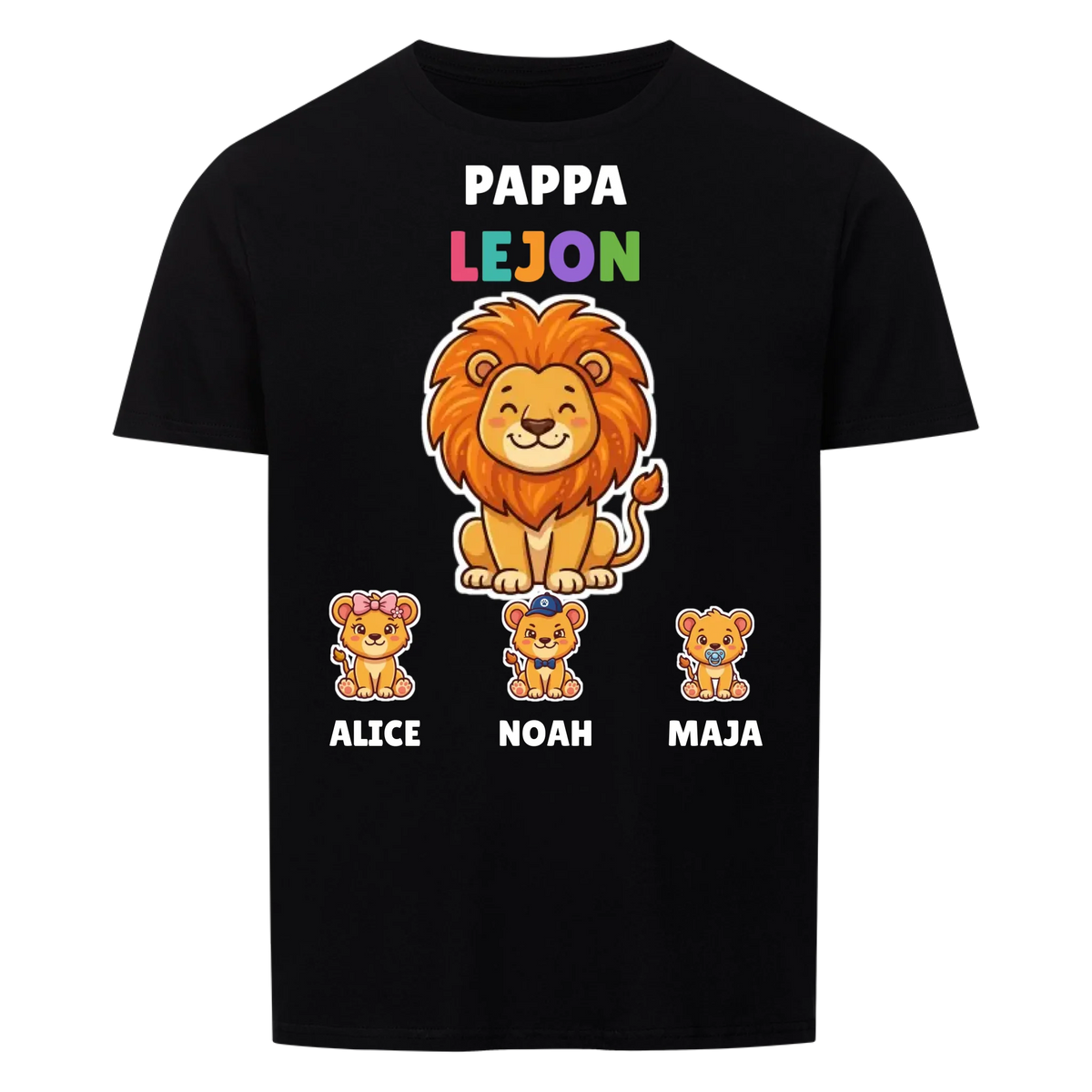 Pappa Lejon t-shirt med lejonpappa, barnens namn och små lejonungar. Personlig present till pappa