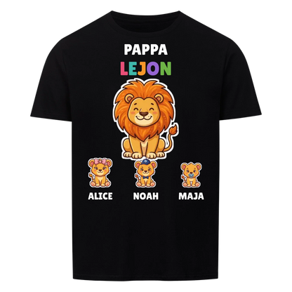 Pappa Lejon t-shirt med lejonpappa, barnens namn och små lejonungar. Personlig present till pappa