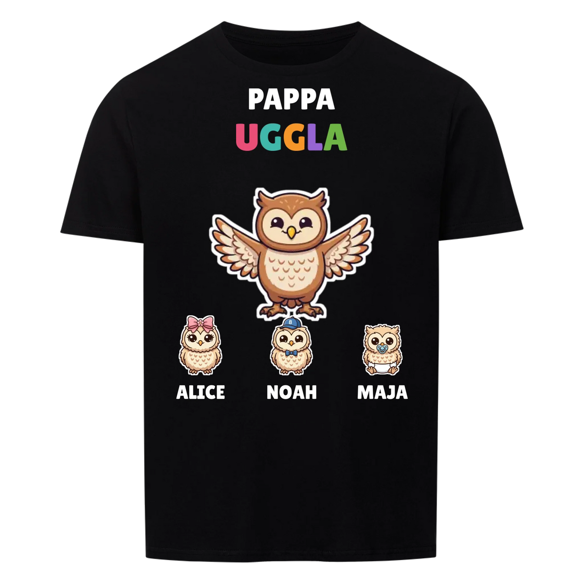 Pappa Uggla t-shirt med ugglepappa, barnens namn och små ugglor. Personlig present till pappa