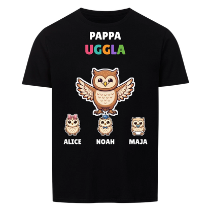 Pappa Uggla t-shirt med ugglepappa, barnens namn och små ugglor. Personlig present till pappa