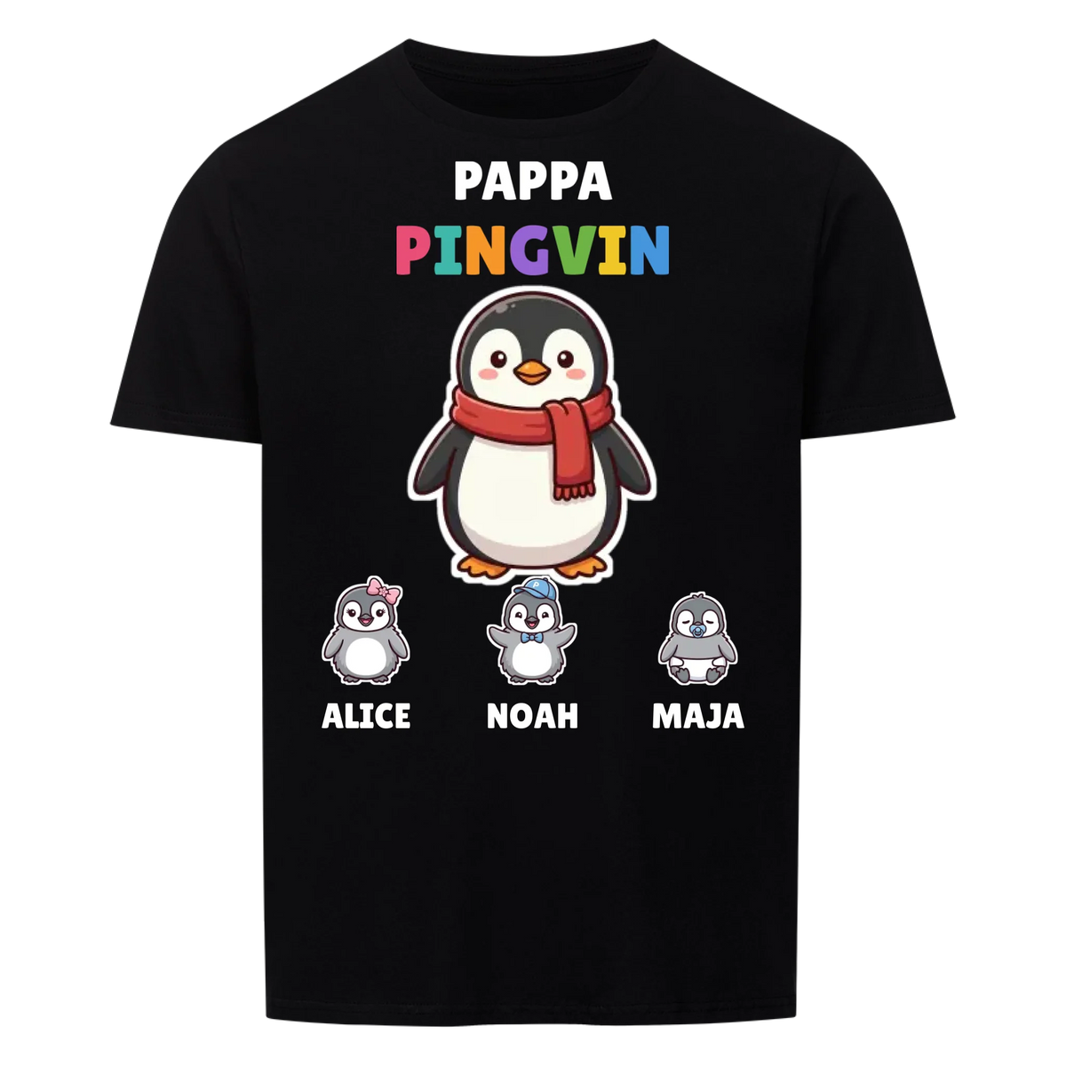 Pappa Pingvin t-shirt med pingvinpappa, barnens namn och små pingvinungar. Personlig present till pappa