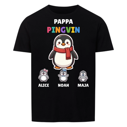 Pappa Pingvin t-shirt med pingvinpappa, barnens namn och små pingvinungar. Personlig present till pappa