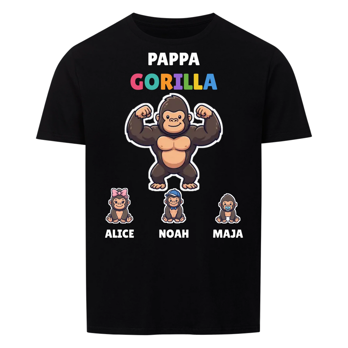 Pappa Gorilla t-shirt med gorillapappa, barnens namn och små gorillor. Personlig present till pappa