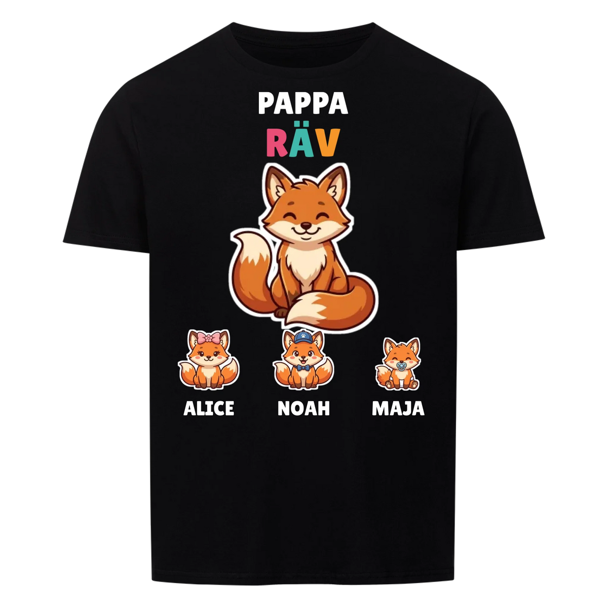 Pappa Räv t-shirt med rävpappa, barnens namn och små rävungar. Personlig present till pappa