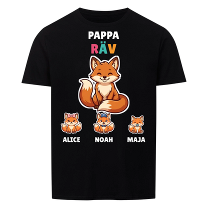 Pappa Räv t-shirt med rävpappa, barnens namn och små rävungar. Personlig present till pappa