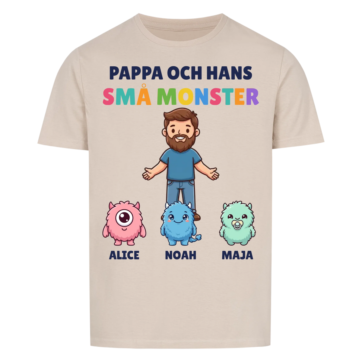 Pappa och hans små monster t-shirt med pappas figur, barnens monster och namn. Personlig present till pappa