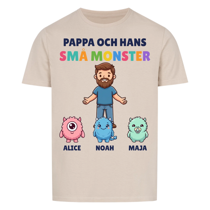 Pappa och hans små monster t-shirt med pappas figur, barnens monster och namn. Personlig present till pappa