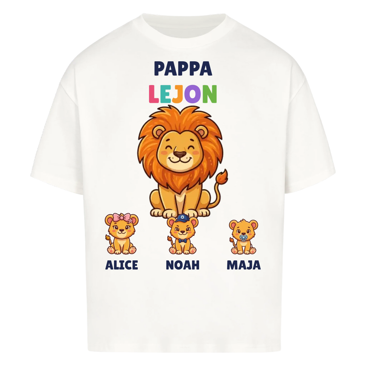 Pappa Lejon t-shirt med lejonpappa, barnens namn och små lejonungar. Personlig present till pappa
