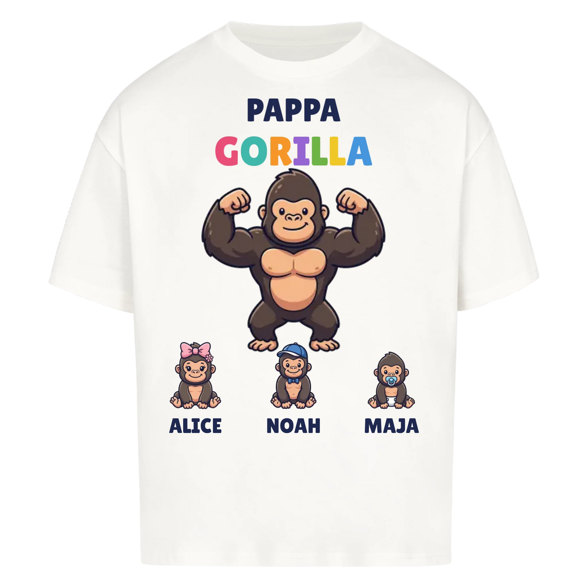 Pappa Gorilla t-shirt med gorillapappa, barnens namn och små gorillor. Personlig present till pappa