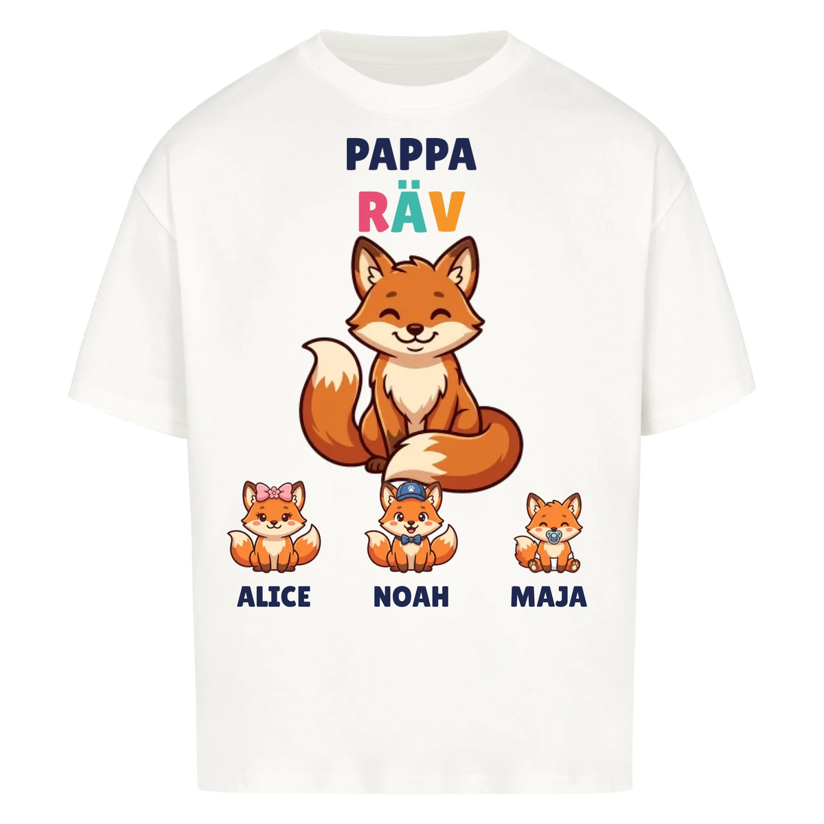 Pappa Räv t-shirt med rävpappa, barnens namn och små rävungar. Personlig present till pappa