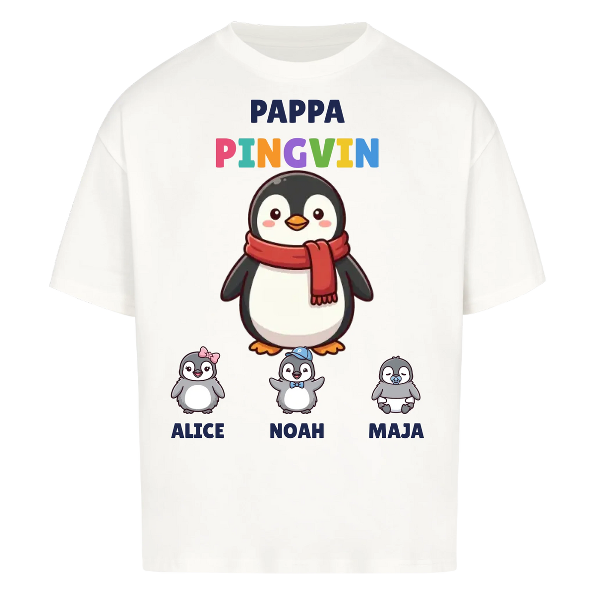 Pappa Pingvin t-shirt med pingvinpappa, barnens namn och små pingvinungar. Personlig present till pappa