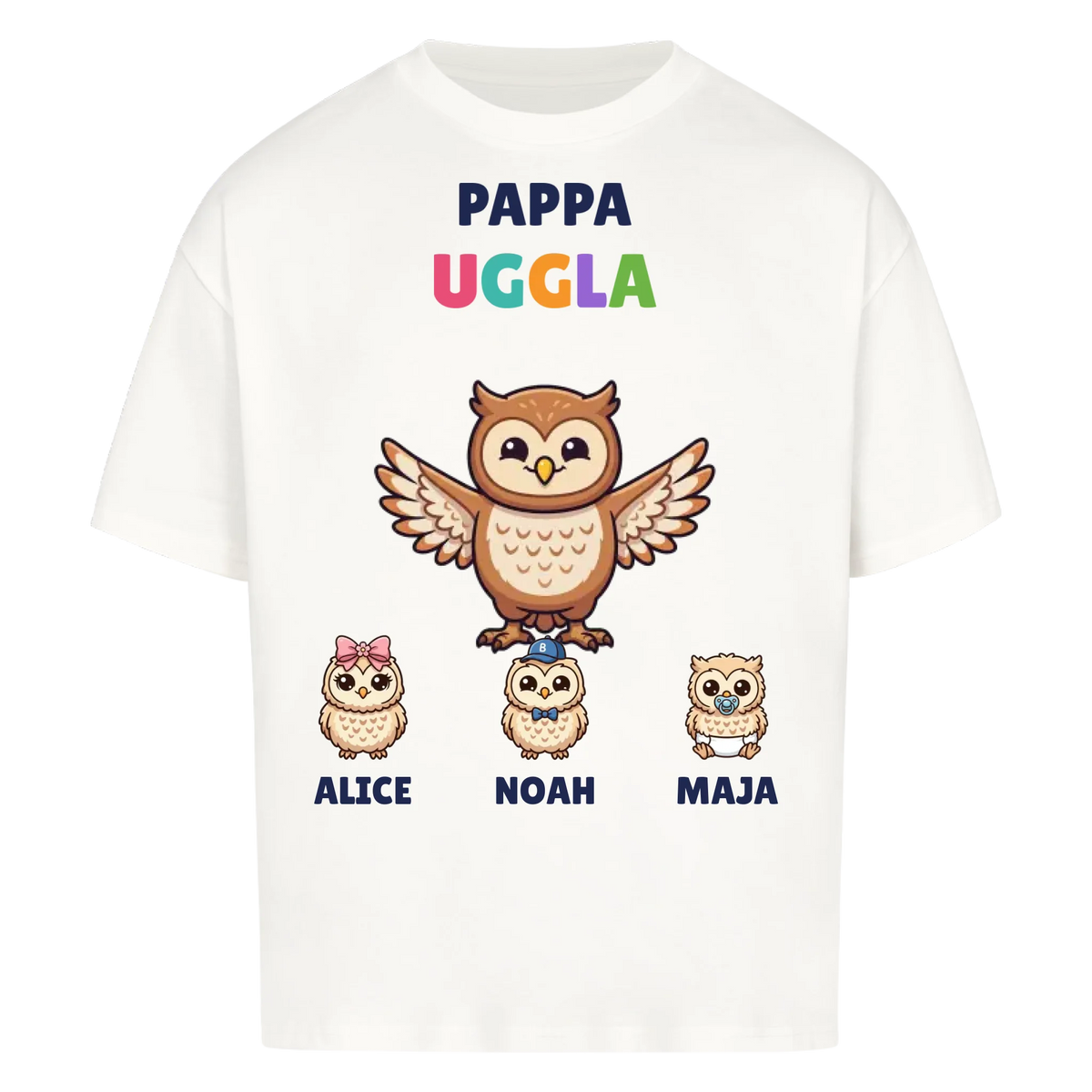 Pappa Uggla t-shirt med ugglepappa, barnens namn och små ugglor. Personlig present till pappa