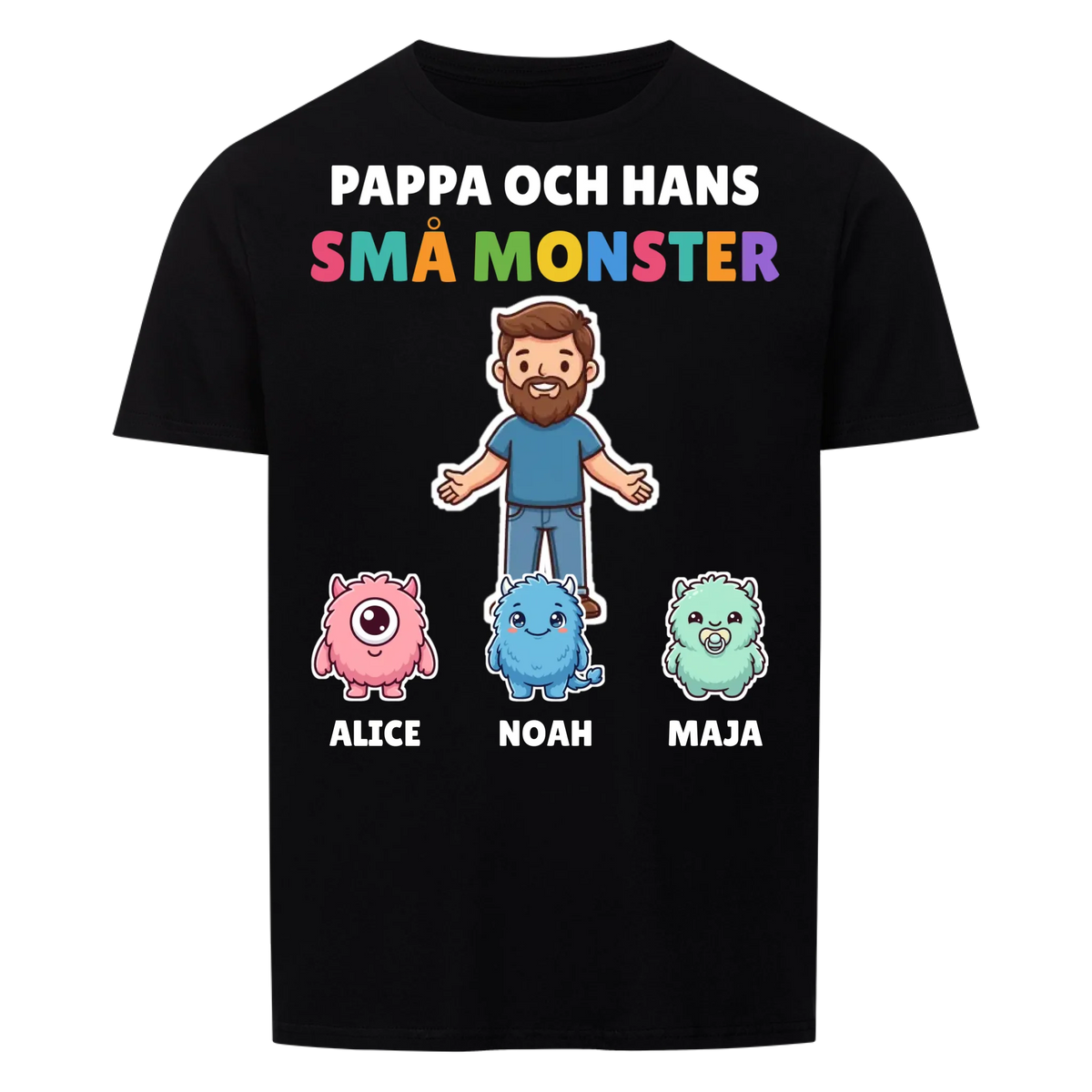 Pappa och hans små monster t-shirt med pappas figur, barnens monster och namn. Personlig present till pappa